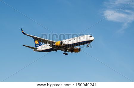 London, Heathrow, UK - 03 October 2016: Boeing 767 Icelandair airlines landing at London Heathrow Airport