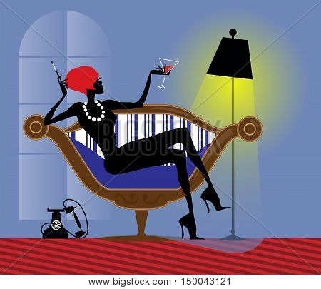 The relaxed modern girl sits in a chair with a glass of wine and a cigarette