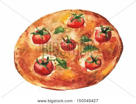 Margarita pizza. Handmade watercolor painting illustration on a white paper art background.