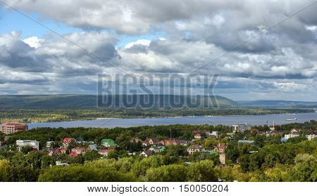 View of Samara city suburb with Volga river and Zhiguli mountains