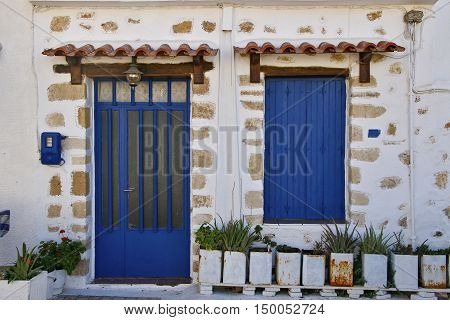 The facade of a typical Greek house. Crete Island Greece