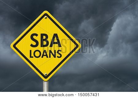 SBA Loans yellow warning highway road sign Yellow warning highway sign with words SBA Loans with stormy sky background 3D Illustration