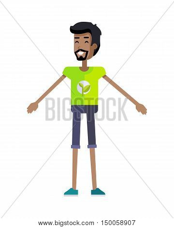 Smiling man with branch and leaves emblem on clothes, standing as part of human chain. Ecologist, environmentalist, nature protection activist or volunteer illustration. Flat design. Earth day.