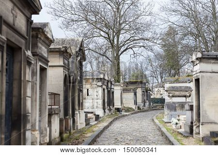 Paris, France - March 01, 2014: Pere Lachaise Cemetery. Pere Lachaise Cemetery is the largest cemetery in the city of Paris