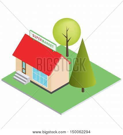 Flat isometric supermarket buildingisolated on white background vector illustration. 3D design elements for construction urban landscapes