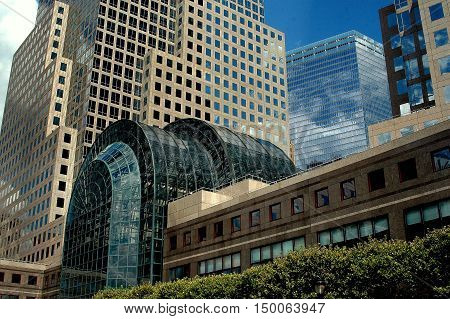 New York City - July 22 2006: The glass and steel Winter Garden atrium and office towers at Brookfield Place on Manhattan's lower west side