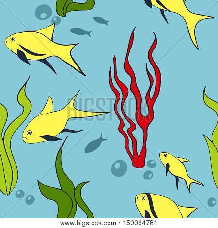 Vector seamless pattern of sea life fishes and sea plants in bright colors. Beautiful seamless pattern. Vector backdrop. Vector illustration