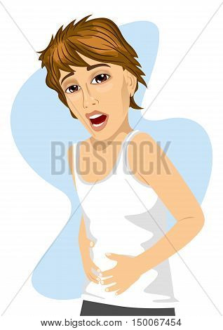 teenager boy having abdominal pain isolated on white isolated on white background