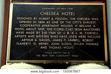 New York City - July 24 2009: Landmarks of NY historic sign in front of the landmark Chelsea Hotel on West 23rd Street