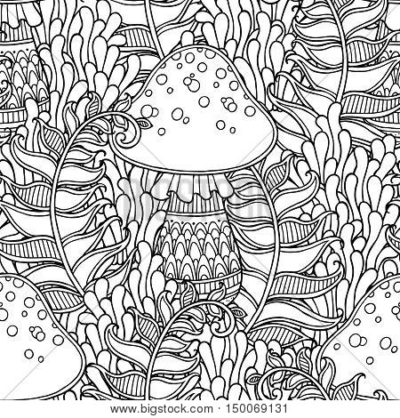 Seamless pattern in doodle style. Floral, ornate, decorative, tribal, forest vector design elements. Black and white background. Grass, fern, mushroom. Zentangle hand drawn coloring book page