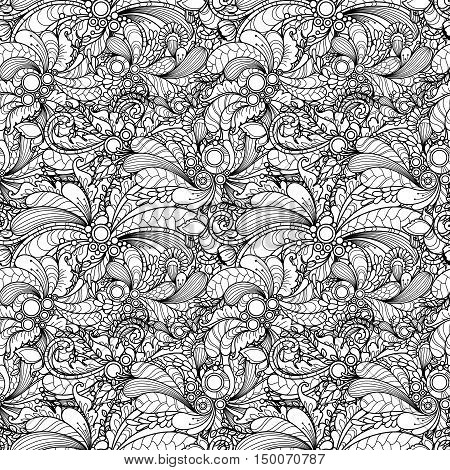Seamless pattern in doodle style. Floral, nature, ornate, decorative, tribal, abstract vector pattern. Black and white monochrome background. Zentangle hand drawn coloring book page