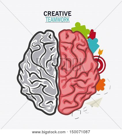Brain puzzle paperplane and target icon. Creative teamwork and big idea theme. Colorful and isolated design. Vector illustration