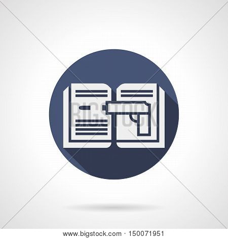 White silhouette of open book with gun image. Detective stories, adventures and investigation. Literary genres. Symbol for web library, ebook store. Blue round flat design vector icon.
