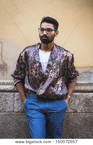 Fashionable Man Posing During Milan Fashion Week
