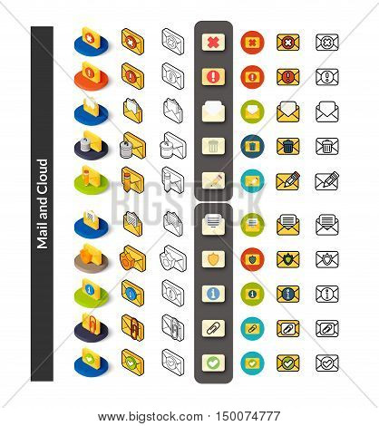 Set of icons in different style - isometric flat and otline, colored and black versions, vector symbols - Mail and cloud collection