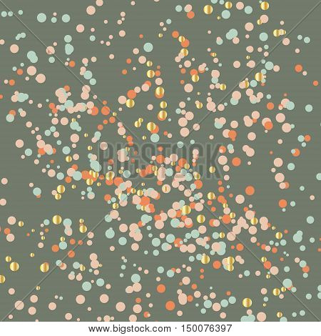 Vector confetti background. Dots of random size and position spread on colored background. Random polka dot backdrop. Golden glitter circles.