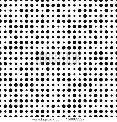 Black and white seamless pattern with halftone dots. Dotted texture. Halftone dot background. Polka dot infinity. Abstract geometrical pattern of round shape. Screen print. Vector illustration.