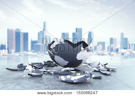 Broken planet on city background. Global problems and risks. 3D Rendering