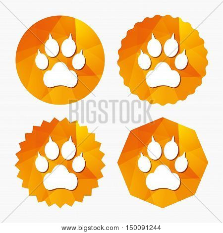 Dog paw with clutches sign icon. Pets symbol. Triangular low poly buttons with flat icon. Vector