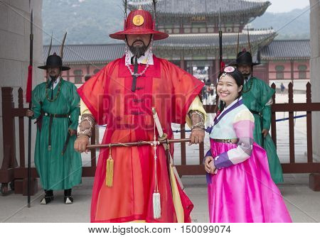 Seoul, South Korea - Sep 26, 2016: Beautiful Korean girl in traditional Hanbok dresses posing at Gyeongbokgung (Gyeongbok) Palace. The palace was the main royal palace of the Joseon dynasty