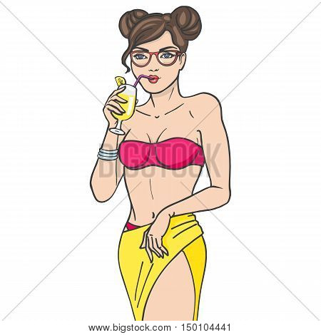 Vector illustration hand-drawn beautiful girl with glasses lemonade drink juice through a straw from a glass. Isolated on white background. Girl on the beach drinking cocktail.