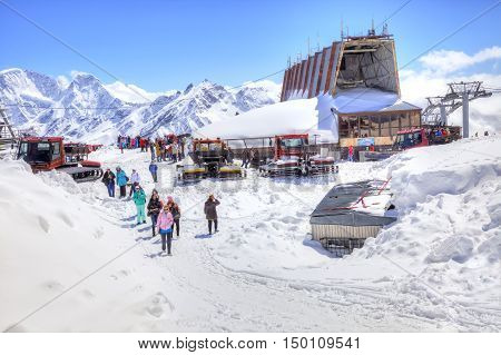 CAUCASUS RUSSIA - May 01.2015: Station of Aerial lift on a mountain Elbrus. First level
