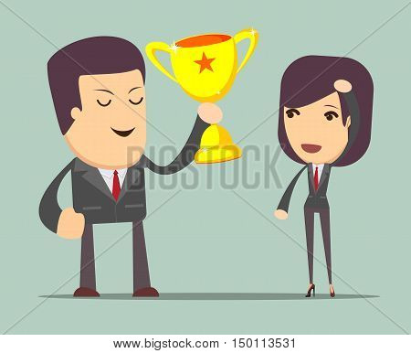 a man holding up a gold trophy cup as a winner in business. Stock vector illustration