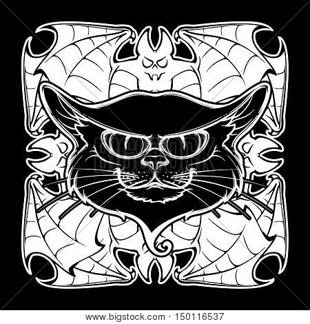Halloween illustration with black cat head on circular ornament of bat wings. Intricate hand drawing. Halloween concept design. T-shirt print. Tattoo design. EPS10 vector illustration.