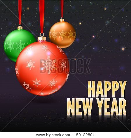 Christmas balls on the background with flash and Christmas lights. Realistic vector bright balls with snowflakes. Greeting card with golden text, editable eps 10