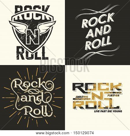Set of four Rock music print rock-music tee print stamp design. t-shirt print lettering artwork vector