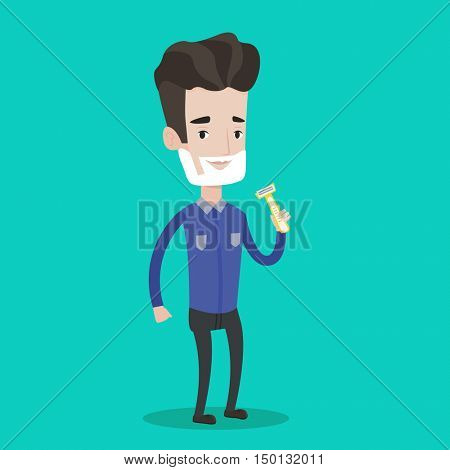 Man shaving his face. Smiling man with shaving cream on his face and razor in hand. Young man prepping face for daily shaving. Concept of daily hygiene. Vector flat design illustration. Square layout.