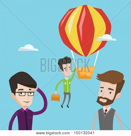 Two young caucasian employees looking at their successful colleague. Hardworking worker flying away in a balloon from his less successful colleagues. Vector flat design illustration. Square layout.