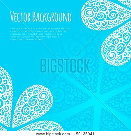 White paisley styled ornament on blue banner layout. Vector background with cute cashmere pattern design