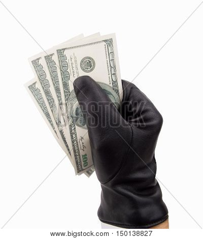 stealing thief with black gloves dollars with white background