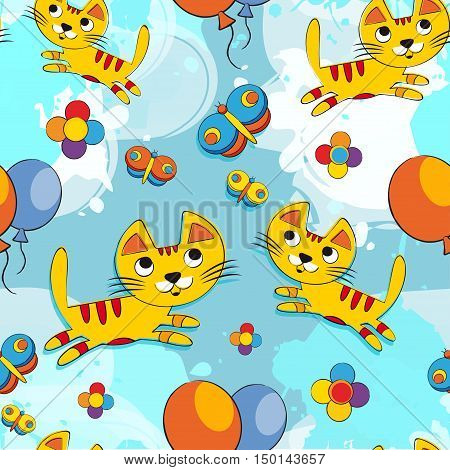 Vector seamless pattern with cute kittens on a blue background. Baby background for fabric, paper, interior design or clothing. Colorful cat - stock vector