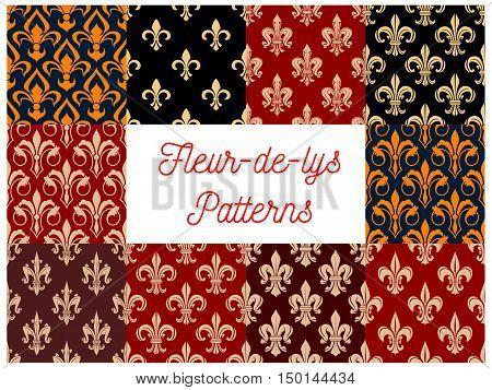 Vintage fleur-de-lis seamless patterns with set of floral ornaments with french royal lily flowers and leaf scroll. Wallpaper and interior accessories design