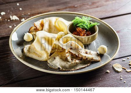 pancakes with red caviar