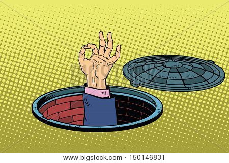 Person in the sewer  gives OK gesture, pop art retro vector illustration