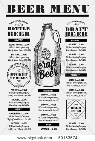 Beer menu placemat food restaurant brochure; template design. Vintage creative alcohol flyer with hand-drawn graphic.