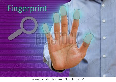 Body man show hand fingerprint concept Futuristic fingerprint scanning device biometric security system