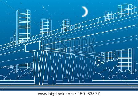 Flyover, architectural and infrastructure illustration, transport overpass, highway, white lines urban scene, night city on background, vector design art