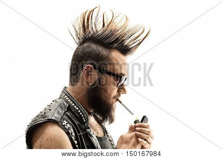Punker lighting up a cigarette isolated on white background