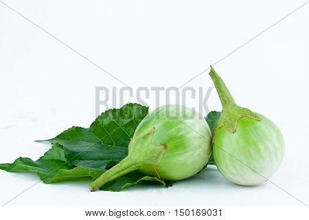 eggplant or Yellow berried nightshade and leaf  on white background thai eggplant aubergine  vegetable isolated