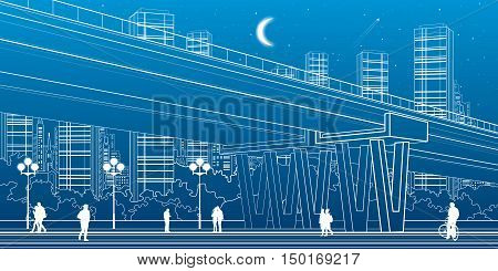 Flyover, architectural and infrastructure illustration, transport overpass, highway, white lines urban scene, people walking, night city on background, vector design art