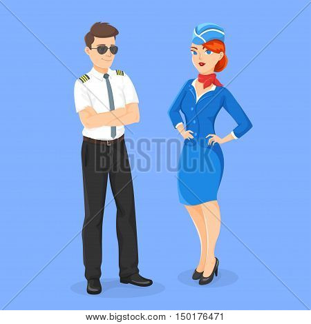 Vector flat style illustration of aircrew: pilot and stewardess. Isolated on blue background. Icon for web.