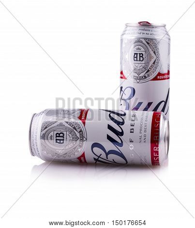 PETROPAVLOVSK-KAMCHATSKY KAMCHATKA- OCT 25 2016 : Two Metal Bottle of Budweiser Beer on a white background.