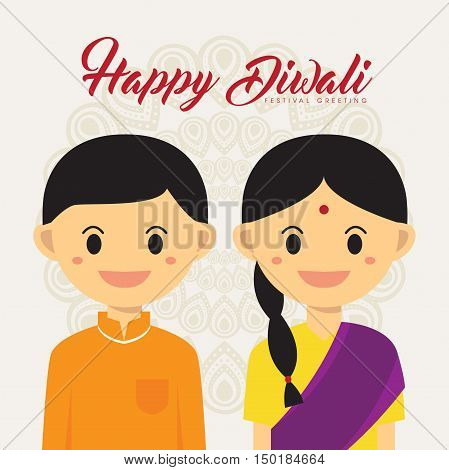 Illustration for Diwali festival with Cute Indian boy and girl