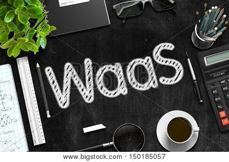 WaaS - Black Chalkboard with Hand Drawn Text and Stationery. Top View. 3d Rendering.