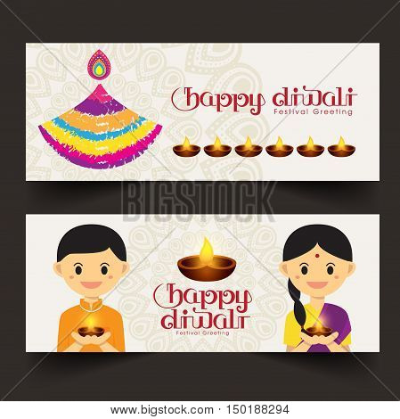 Set of Illustration for Diwali festival with Cute Indian boy and girl, Beautiful lamps