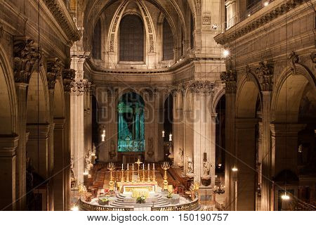 Paris, France - March 3, 2014: Interior of the Church of Saint-Sulpice. The second largest church in Paris.